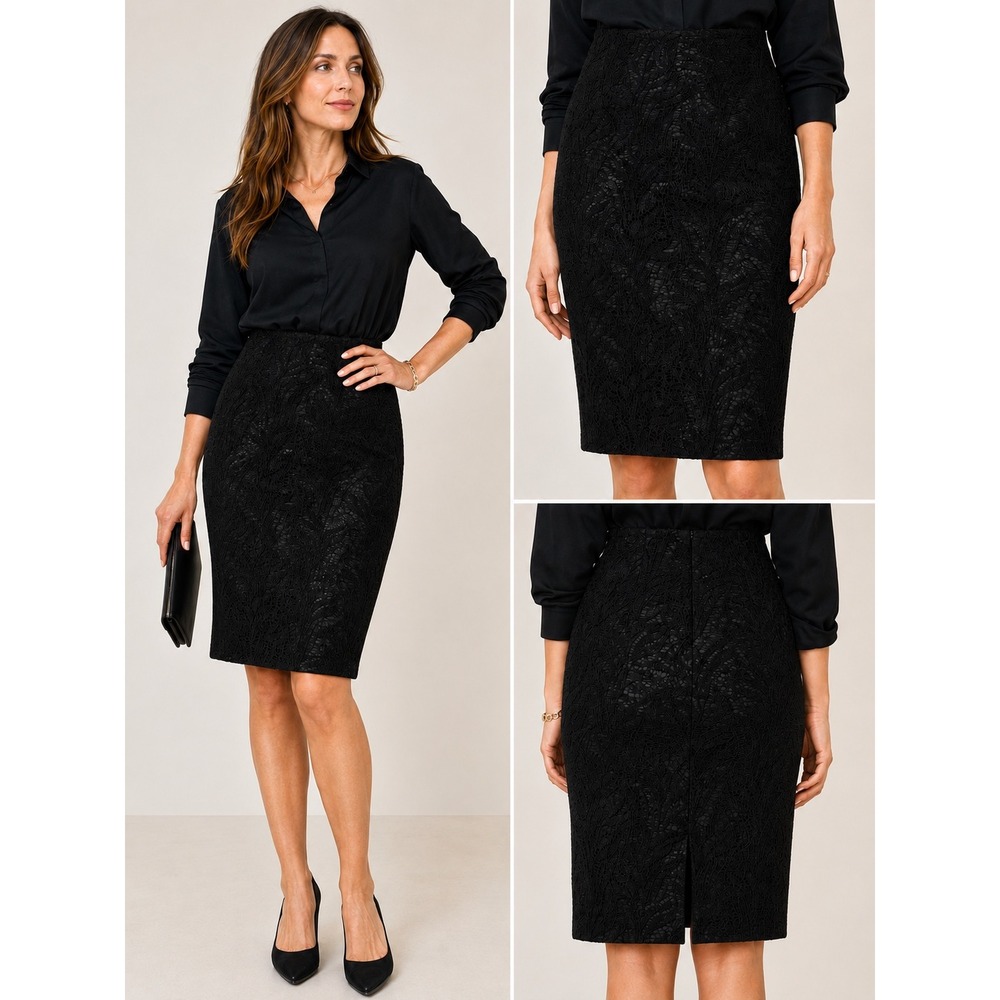 Travis Ayers Petite Black Floral Lace Pencil Skirt Size 4P Lined Back Vent